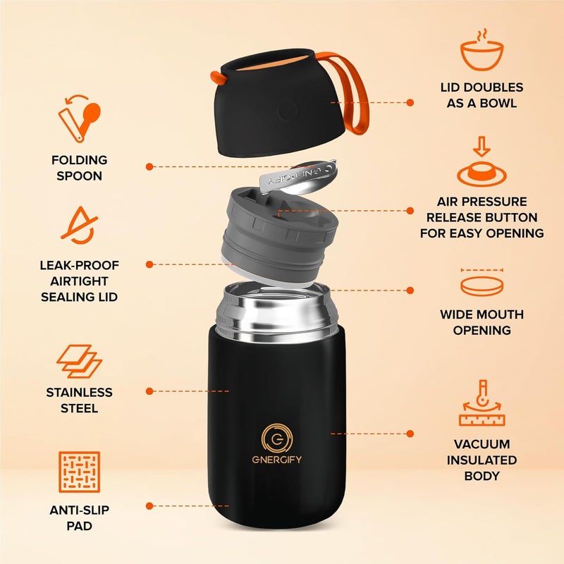 ENERGIFY Vacuum Insulated Food Jar. Large 24oz Bowl incl. Folding Spoon, Cup. Wide Mouth Keep Hot & Cold Drinks Soup Lunch Container for Adults. BPA-Free Stainless Steel, Leak Proof Black Matte - Image 2